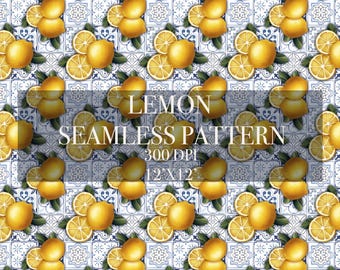May include: A seamless pattern featuring lemons and lemon slices on a blue and white tiled background. The pattern is 12x12 inches and 300 DPI.