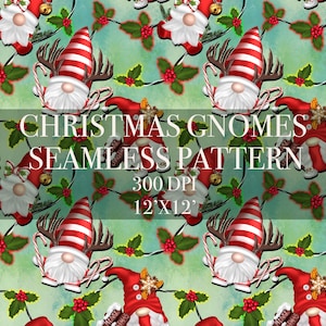 Christmas Gnomes Seamless Digital Pattern, Gnomes Light Digital Paper, Christmas Gnomes Patterns, Gnomes and Mistletoe Backgrounds