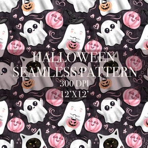 Halloween Cute Ghost seamless pattern, Spooky seamless pattern, Spooky seamless pattern, Halloween digital paper, Pink Pumpkin pattern