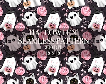 Halloween Cute Ghost seamless pattern, Spooky seamless pattern, Spooky seamless pattern, Halloween digital paper, Pink Pumpkin pattern