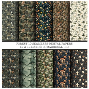 May include: Ten seamless digital papers with forest-themed designs. The patterns include illustrations of trees, houses, mushrooms, and flowers in various color palettes. The text reads "FOREST 10 SEAMLESS DIGITAL PAPERS 12 X 12 INCHES COMMERCIAL USE."