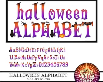 May include: Halloween alphabet clipart with purple and orange gradient letters, numbers, and symbols. The letters are in a gothic font with bats, cats, and pumpkins. The text reads "halloween alphabet 300 DPI & PNG".