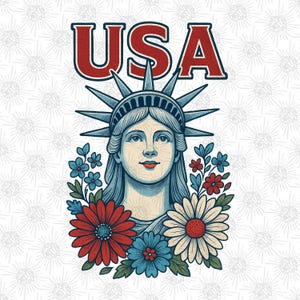 Vintage USA Liberty Lady Floral PNG – 4th of July Patriotic Clipart for Sublimation