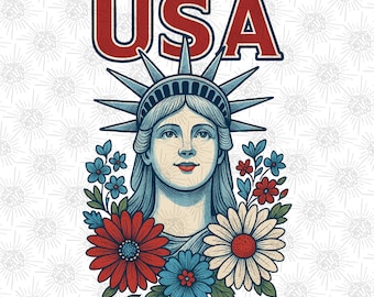 Vintage USA Liberty Lady Floral PNG – 4th of July Patriotic Clipart for Sublimation