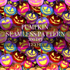 May include: A seamless pattern featuring a variety of colorful pumpkins with carved jack-o'-lantern faces. The pumpkins are in shades of pink, purple, blue, orange, and red. The pattern is 12x12 inches and 300 DPI.