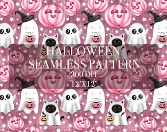 Halloween Cute Ghost seamless pattern, Spooky seamless pattern, Spooky seamless pattern, Halloween digital paper, Pink Pumpkin pattern