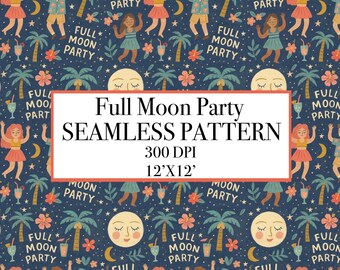 Full Moon Party Seamless Pattern, Tropical Beach Night Digital Paper (12x12)