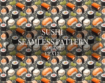Könnte beinhalten: Ein nahtloses Muster mit verschiedenen Sushi-Sorten, darunter Lachs-, Thunfisch- und Gurkenrollen. Der Hintergrund ist dunkelgrau mit einer dezenten Textur. Der Text "SUSHI SEAMLESS PATTERN 300 DPI 12'X12'" wird in der Mitte des Musters angezeigt.