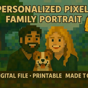 Custom Blocky Pixel Family Portrait – Personalized Couple & Pet Art – Digital File