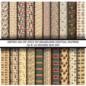 Retro 4th of July Digital Paper – 20 Seamless Patriotic Backgrounds – Vintage Stars Stripes Fireworks USA Scrapbook Bundle