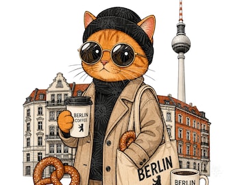 Berlin Cat Coffee Pretzel Graphic Illustration (Digital Download)