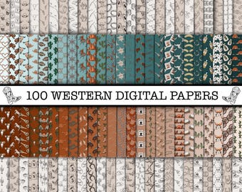 Peut inclure: Une collection de 100 papiers numériques sur le thème du western. Les papiers présentent divers motifs, notamment des bottes de cowboy, des cactus, des fers à cheval et des chapeaux de cowboy. La palette de couleurs comprend des nuances de marron, beige, sarcelle et blanc.