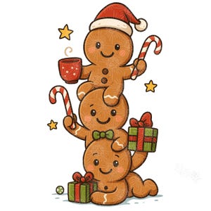 May include: A stack of three gingerbread men illustrations. The top gingerbread man wears a Santa hat and holds a mug and candy cane. The middle one has a bow tie and holds a candy cane and gift. The bottom one holds a gift.