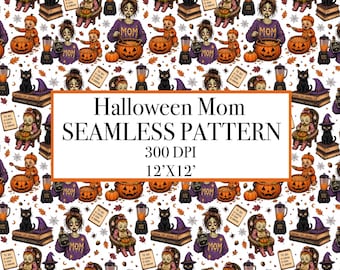 Halloween Mom Seamless Pattern, Spooky Witchy Boho Digital Paper (300 DPI)