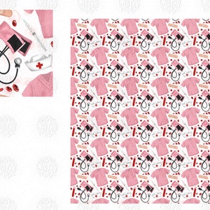 May include: A seamless pattern featuring pink scrubs, medical equipment, and red blood drops on a white background. The pattern includes a stethoscope, a blood pressure cuff, a syringe, a bandage, a blood tube, and a nurse's hat.