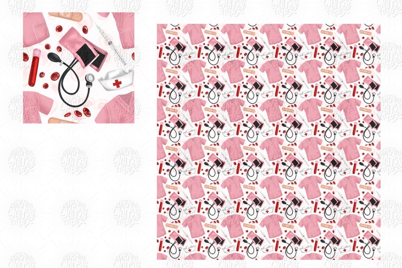 May include: A seamless pattern featuring pink scrubs, medical equipment, and red blood drops on a white background. The pattern includes a stethoscope, a blood pressure cuff, a syringe, a bandage, a blood tube, and a nurse's hat.