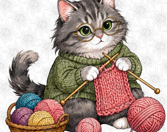 Knitting Cat PNG, Yarn Lover Sublimation Design, Boho Style Pattern (Digital Download)