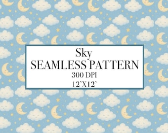 Dreamy Clouds and Stars Seamless Pattern, Baby Nursery Digital Paper