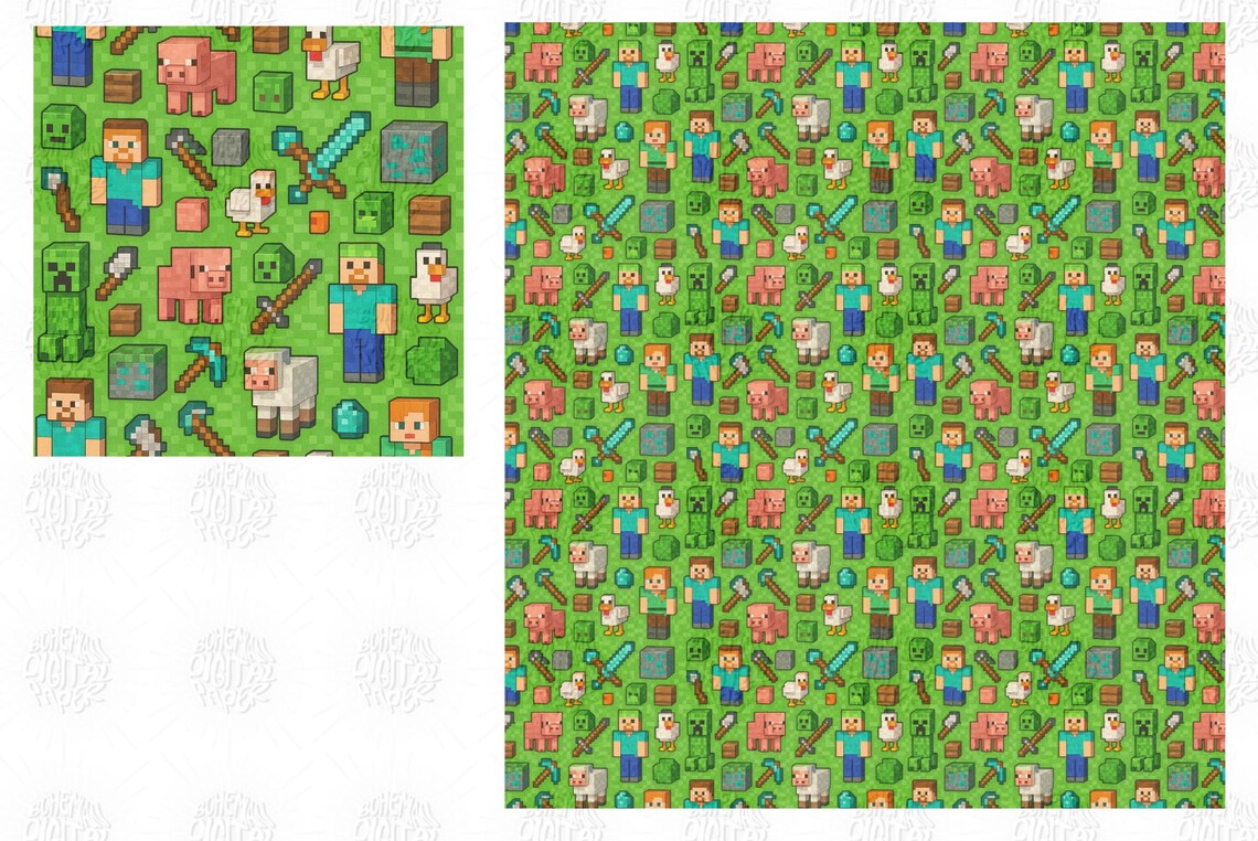 Blocky Pixel Adventure Seamless Pattern, Blocky Pixel Adventure Digital ...