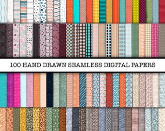 100 Handdrawn Boho Seamless Digital Papers, One of a kind Digital Paper, Boho Patterns, Boho Backgrounds, Boho Scrapbook Paper, Patterns