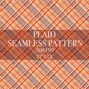 May include: A seamless plaid pattern in shades of orange, brown, and blue. The pattern is 12 inches by 12 inches and 300 DPI.