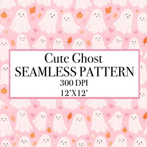 May include: A pink seamless pattern featuring smiling white ghosts, pumpkins, and autumn leaves. The text "Cute Ghost SEAMLESS PATTERN" is displayed in a rectangular box. The pattern is 12x12 inches and 300 DPI.