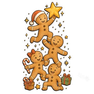 May include: A whimsical illustration of four gingerbread people celebrating Christmas. One gingerbread person wears a Santa hat and holds a golden star. Others hold a candy cane and gifts. The image is filled with stars and festive cheer.