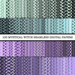 May include: 100 digital papers with mystical witch themed patterns in shades of green and purple. The patterns include moons, stars, crystals, skulls, and other witchy symbols.
