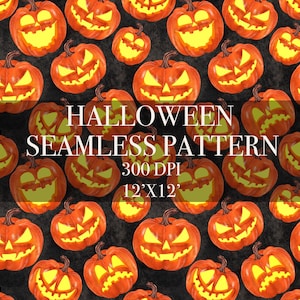 Peut inclure: Un motif sans couture représentant un motif répété de citrouilles orange en forme de jack-o'-lantern avec des yeux et des bouches jaunes brillants sur un fond noir. Le texte "HALLOWEEN SEAMLESS PATTERN 300 DPI 12'X12'" est au centre de l'image.