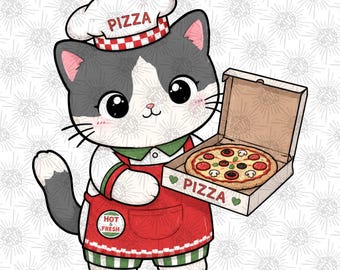 Pizza Cat PNG, Chef Kitty Sublimation Design, Kawaii Pizzeria Cat Graphic