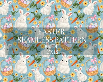 Easter Seamless Digital Pattern, Rabbit Digital Paper, Egg Patterns, Carrot Backgrounds, Easter Rabbit Seamless Paper