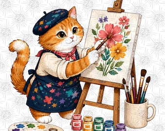 Painter Cat PNG, Floral Kitty Artist Sublimation Design (Digital Download)
