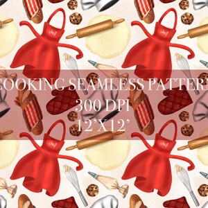 May include: A seamless pattern featuring various cooking and baking items, including a red chef's apron, a rolling pin, a chef's hat, a loaf of bread, a whisk, a piping bag, and chocolate chip cookies. The pattern is set against a light beige background. "COOKING SEAMLESS PATTERN 300 DPI 12'X12'" is written in a red banner across the middle of the image.
