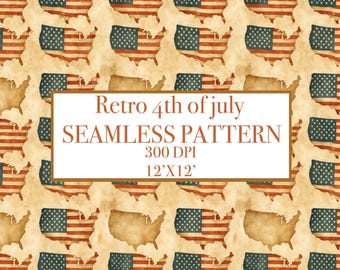 Vintage USA Map Seamless Pattern – Rustic American Flag Digital Paper – 4th of July Patriotic Background – Antique Grunge America Clipart