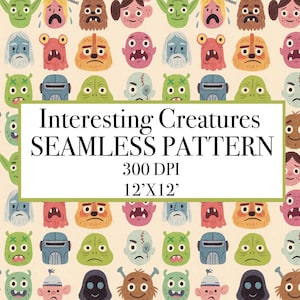 Könnte beinhalten: Ein nahtloses Muster mit Cartoon-Kreaturen-Gesichtern in verschiedenen Farben, darunter Grün, Blau, Orange und Braun. Das Muster enthält den Text "Interesting Creatures SEAMLESS PATTERN" und die Abmessungen 3,66m x 3,66m.