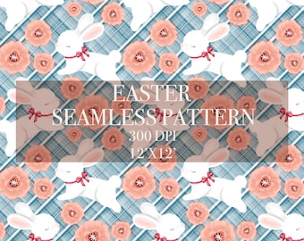 Easter Seamless Digital Pattern, Rabbit Digital Paper, Egg Patterns, Carrot Backgrounds, Easter Rabbit Seamless Paper