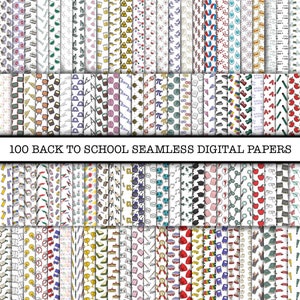 May include: A selection of 100 back-to-school seamless digital papers. The papers display school-related patterns such as apples, pencils, brains, and mathematical symbols. The colour scheme includes red, green, blue, and yellow.