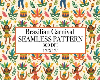 Brazilian Carnival Seamless Pattern, Tropical Samba Digital Paper (12x12")