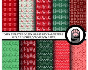Op de afbeelding: Tien digitale papierontwerpen met verschillende kerstthema's in rood, groen en wit. De patronen omvatten rendieren, sneeuwvlokken, harten en sneeuwpoppen. De papieren zijn 30,48 x 30,48 cm groot en zijn voor commercieel gebruik. "Ugly Sweater 10 Seamless Digital Papers 12 x 12 Inches Commercial Use" staat bovenaan de afbeelding.