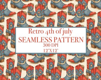 Patriotic Cowboy Boots Seamless Pattern – 4th of July Red White Blue Western Digital Paper – Country USA Rodeo Background – Instant Download