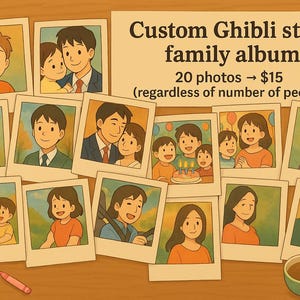 Custom Ghibli Style Family Portrait Album – 20 Illustrated Photos – Personalized Anime Art Print Digital Download, Fast max 18hr Delivery