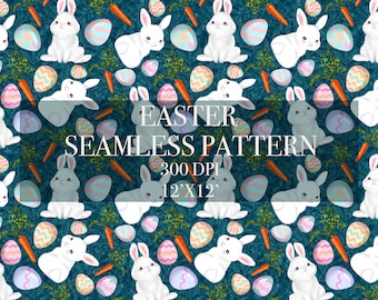 Easter Seamless Digital Pattern, Rabbit Digital Paper, Egg Patterns, Carrot Backgrounds, Easter Rabbit Seamless Paper