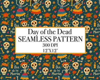 Day of the Dead Seamless Pattern, Dia de los Muertos Digital Paper, Sugar Skull Mexican Folk Pattern, Halloween Fiesta Repeat