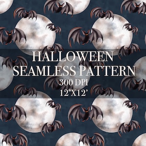 Halloween Bat seamless pattern, Spooky Moon seamless pattern, Spooky seamless pattern, Halloween digital paper, Moon and bat digital pattern