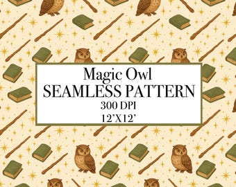 Magical Owl Wand Books Seamless Pattern (Digital Paper)