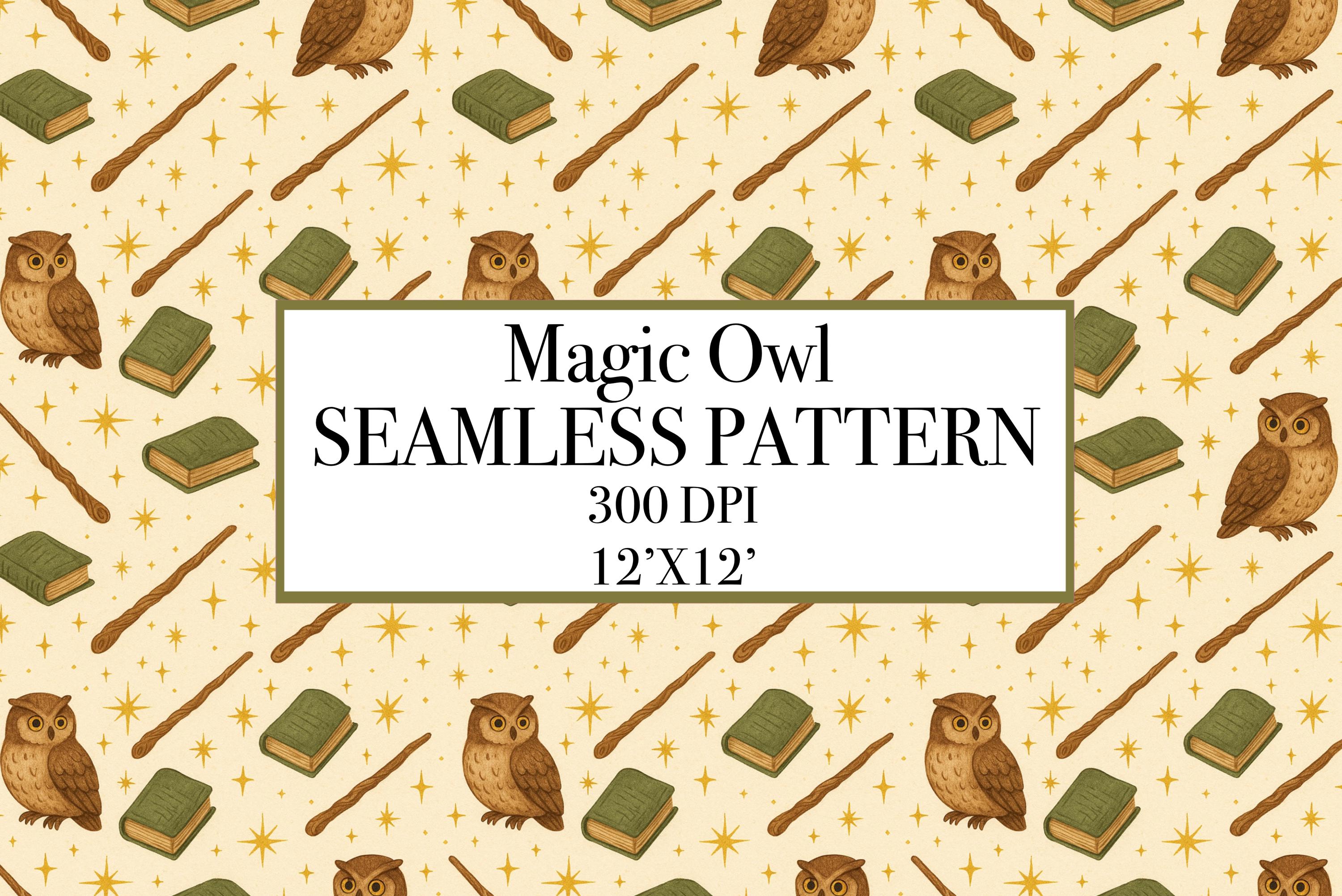 Magical Owl Wand Books seamless pattern, Magical Owl Wand Books digital paper, Wizard Paper, Witchy 