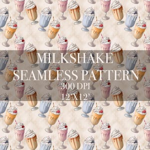 Puede incluir: Un patrón sin costuras que presenta una variedad de batidos coloridos con diferentes ingredientes. El fondo es de color marrón claro con un efecto acuarela. El texto "MILKSHAKE SEAMLESS PATTERN 300 DPI 12X12" está en el centro de la imagen.