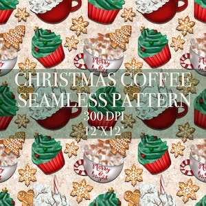 Christmas Coffee Cup and Cupcake Seamless Digital Pattern, Christmas Gingerbread Cookie Patterns, Coffee cup Backgrounds