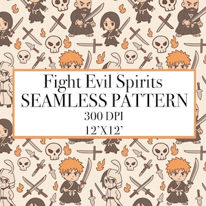 Könnte beinhalten: Nahtloses Muster mit Comicfiguren mit Schwertern, Schädeln und Flammen. Der Text "Fight Evil Spirits SEAMLESS PATTERN" ist in einem Rahmen. Das Muster ist 30.5 x 30.5 cm und 300 DPI.