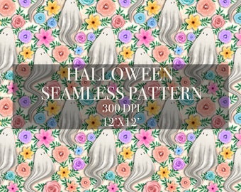 Halloween ghost and flowers seamless pattern, Spooky flowers seamless pattern, Spooky spring seamless pattern, Halloween ghost digital paper